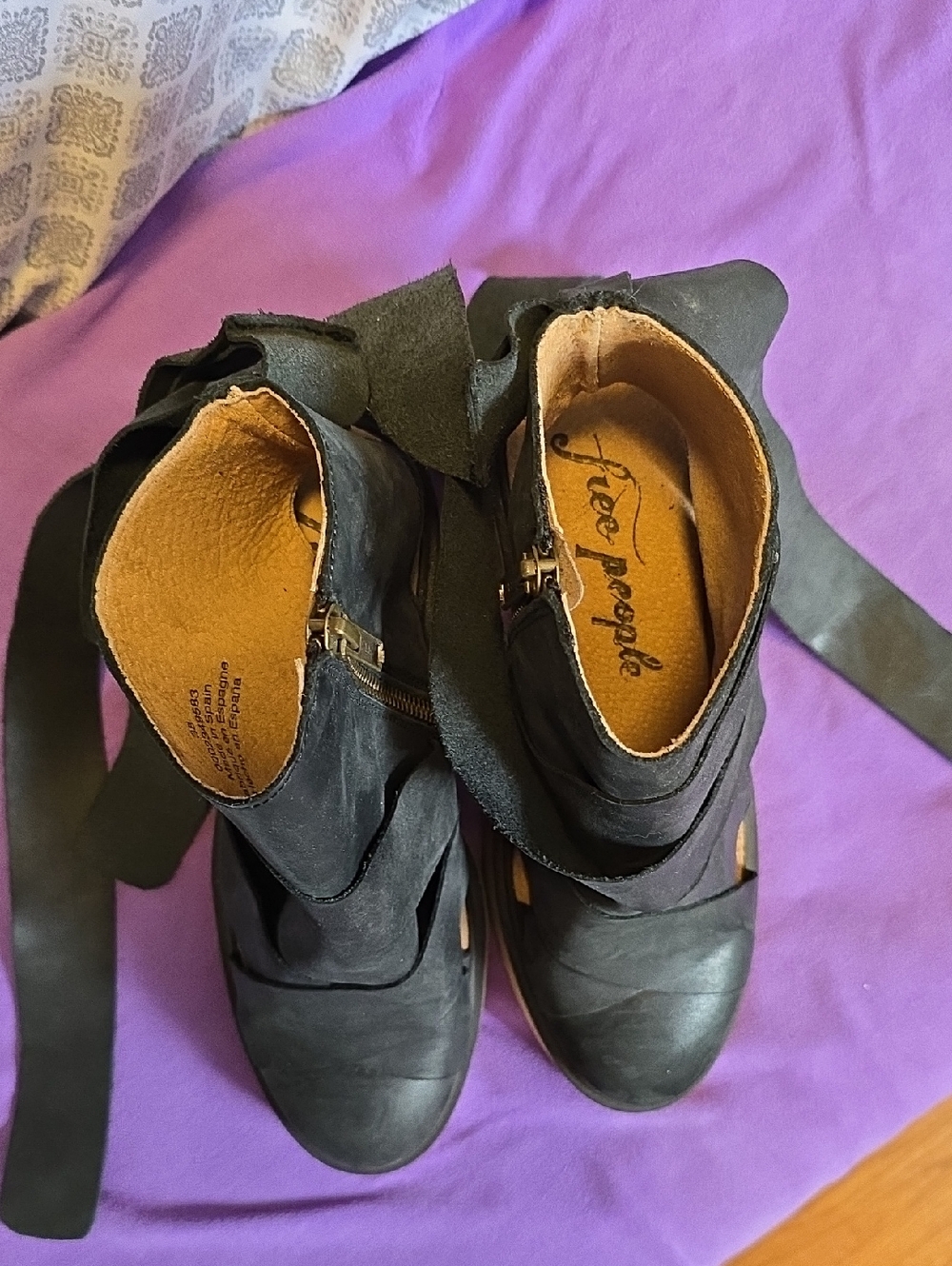 Free People Black Wrap Tie Wedge Ankle Boots